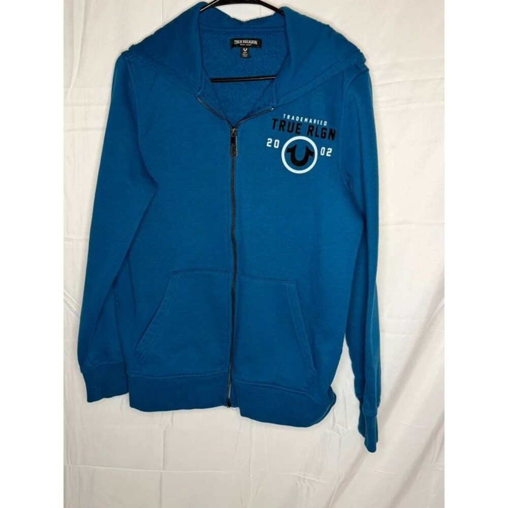 True Religion Blue Zip Up Hoodie Sweatshirt Mens Small Graphic Logo Full Zip
